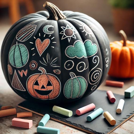 A black pumpkin is adorned with colorful chalk drawings, including a sun, heart, and jack-o'-lantern face. Pastel chalks are scattered nearby, creating a playful and creative atmosphere.