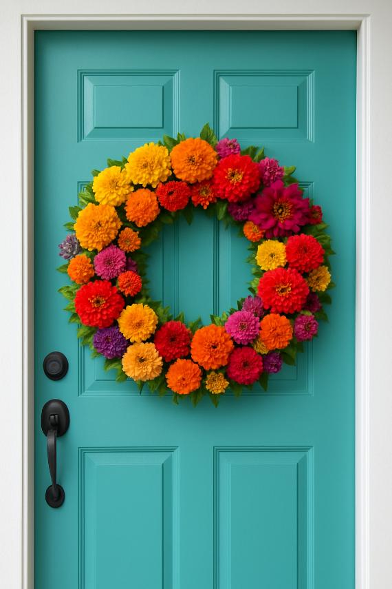 A vibrant floral wreath of orange, red, yellow, and pink flowers adorns a teal door. The scene conveys a welcoming and cheerful tone.