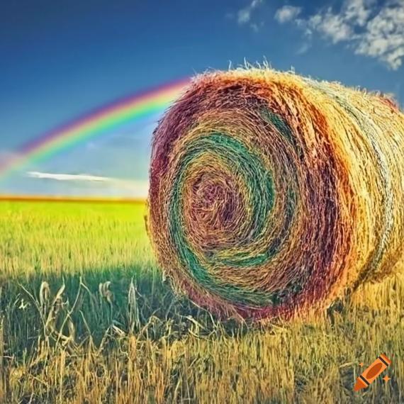 A large round hay bale lies in a vibrant green field under a vivid rainbow and bright blue sky, conveying a serene and colorful rural scene.