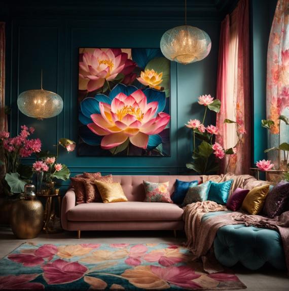 Luxurious living room with teal walls, a pink sofa adorned with vibrant cushions, and a lotus-themed art piece. Warm lighting sets a cozy tone.