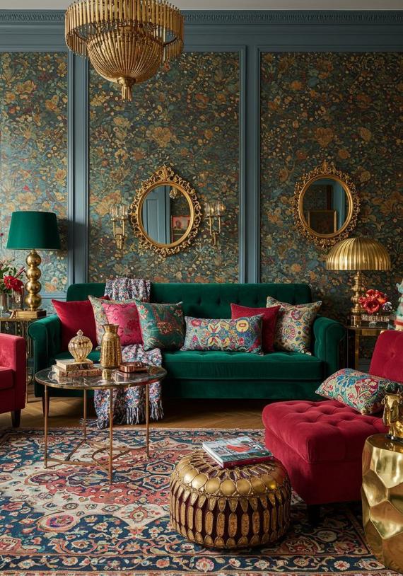 Opulent living room with unexpected fall color schemes made of a green velvet sofa, red chairs, and floral cushions. Gold accents include mirrors, lamps, and decor, creating a luxurious, vintage ambiance.