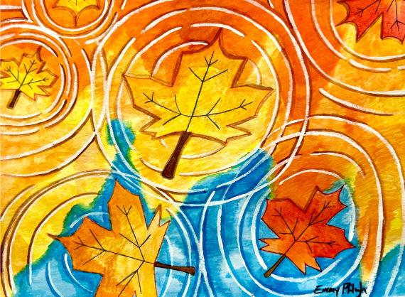 Vibrant painting of autumn leaves with bold outlines floating on water. Bright orange and blue tones create dynamic ripples and a fall ambiance.