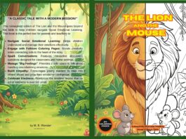 Kids fairy tale coloring book illustration of The Lion and the Mouse