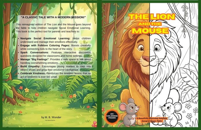 Kids fairy tale coloring book illustration of The Lion and the Mouse