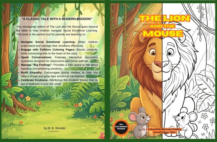 Kids fairy tale coloring book illustration of The Lion and the Mouse