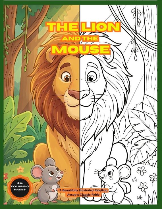Kids fairy tale coloring book illustration of The Lion and the Mouse