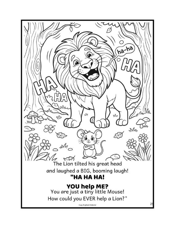Classic fairy tale coloring page featuring lion and mouse friendship story