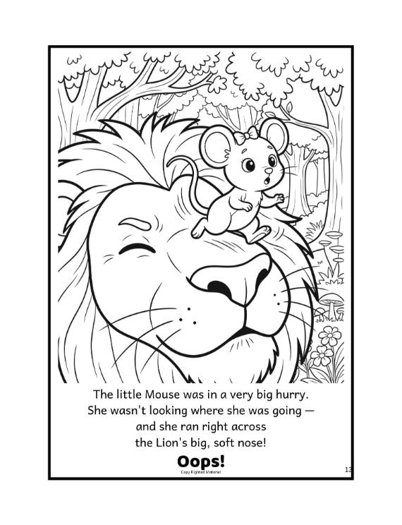 Lion and the Mouse coloring page from a kids fairy tale coloring book