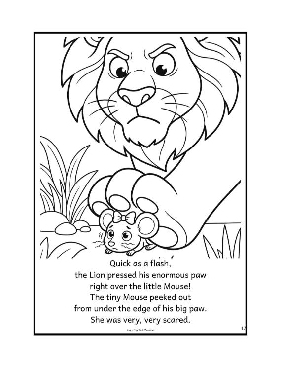 Classic fairy tale coloring page featuring lion and mouse friendship story