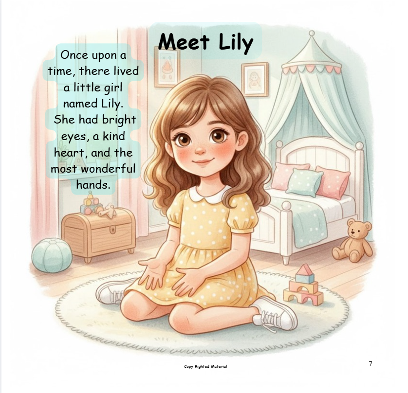 Illustration of a young girl named Lily with brown hair, wearing a yellow polka dot dress, sitting on a rug in a cozy bedroom with toys around her.