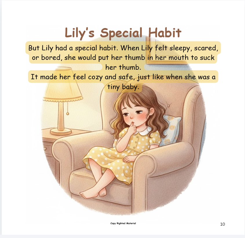 A young girl in a yellow polka-dot dress sucks her thumb while seated on a cozy armchair, feeling safe. A soft lamp glows by her side. Text describes her comforting habit.