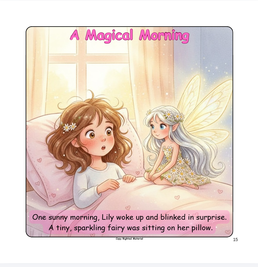 A young girl with brown hair looks surprised beside a tiny, sparkling fairy sitting on her pillow. The scene is magical and filled with soft morning light.