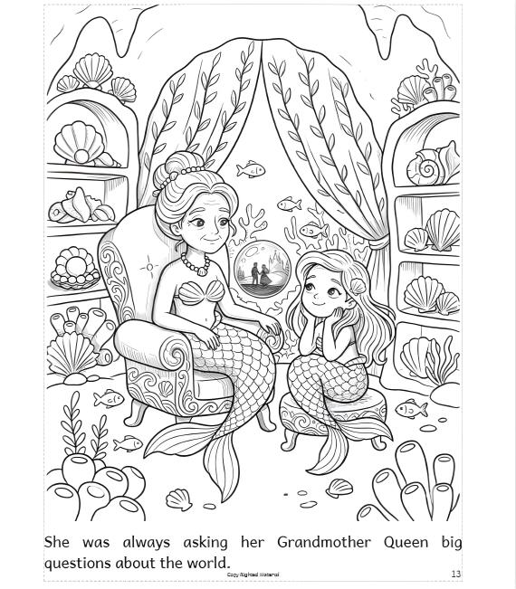 Two mermaids sit in an undersea room filled with seashells. The older mermaid sits regally in a chair as the younger one listens intently.
