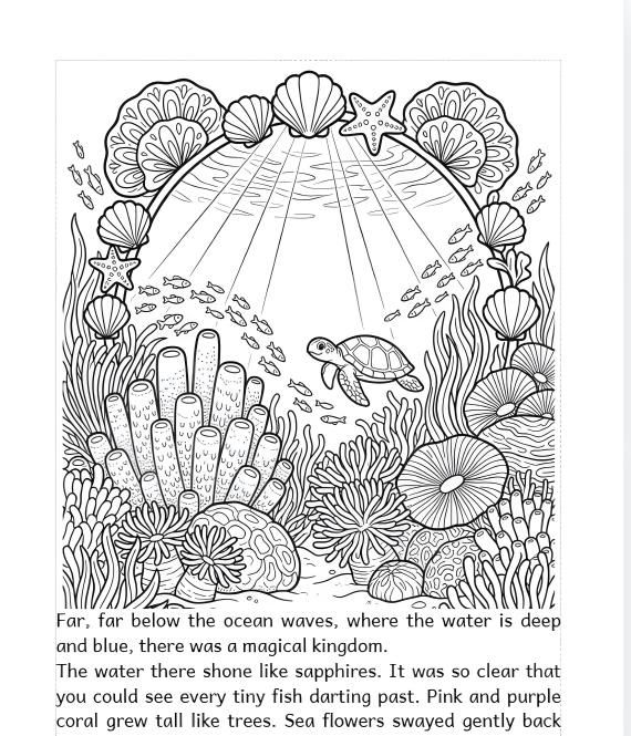 Line art of an underwater scene featuring a turtle swimming among coral, seaweed, and fish. Shells and starfish form an arch above. Calm, magical vibe.