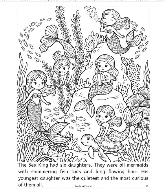 Five mermaids with flowing hair and shimmering tails are playfully swimming in an underwater scene filled with plants, fish, and a turtle, evoking a sense of whimsy and curiosity.