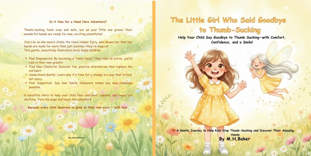 Front and back cover of a children's book titled "The Little Girl Who Said Goodbye to Thumb-Sucking" by M.H. Baker. The cover features an illustrated, joyful girl in a yellow dress standing in a flower field, accompanied by a fairy. Warm colors and playful elements create a cheerful, encouraging tone.