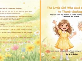 Front and back cover of a children's book titled "The Little Girl Who Said Goodbye to Thumb-Sucking" by M.H. Baker. The cover features an illustrated, joyful girl in a yellow dress standing in a flower field, accompanied by a fairy. Warm colors and playful elements create a cheerful, encouraging tone.
