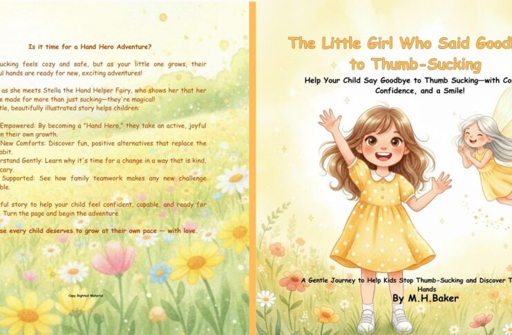 Front and back cover of a children's book titled "The Little Girl Who Said Goodbye to Thumb-Sucking" by M.H. Baker. The cover features an illustrated, joyful girl in a yellow dress standing in a flower field, accompanied by a fairy. Warm colors and playful elements create a cheerful, encouraging tone.