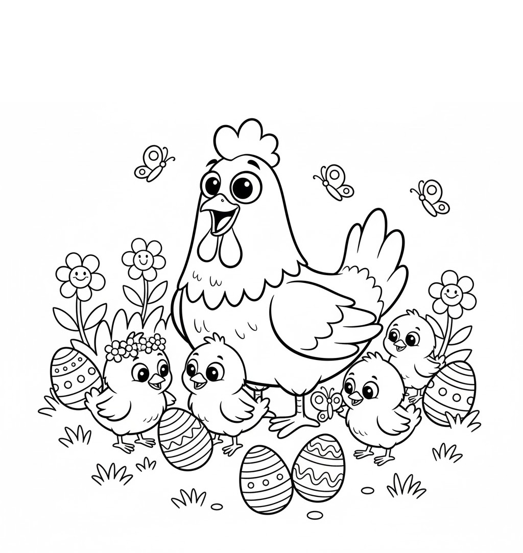 Cartoon hen and four chicks surrounded by decorated Easter eggs, flowers, and butterflies. The scene conveys a joyful, springtime atmosphere.