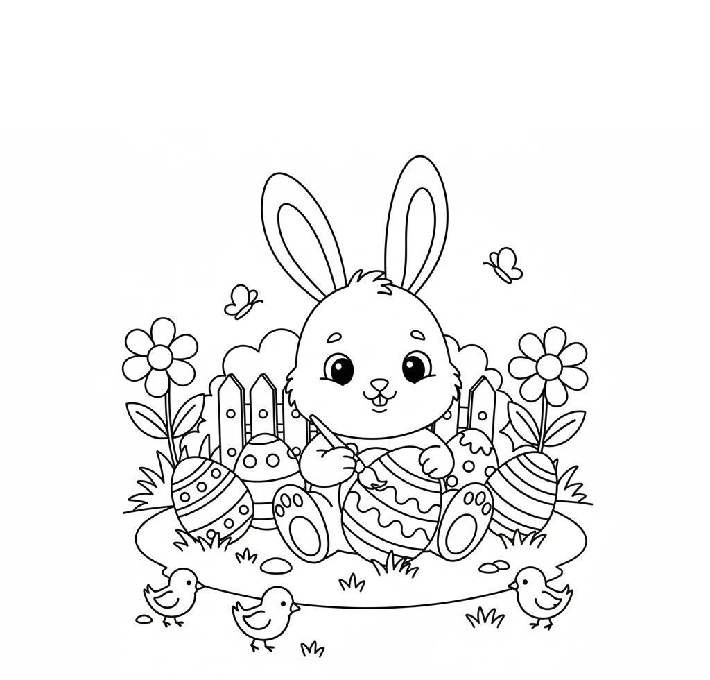 Cute bunny holding an Easter egg, surrounded by flowers, decorated eggs, and small birds. Butterflies flutter above, creating a joyful scene.