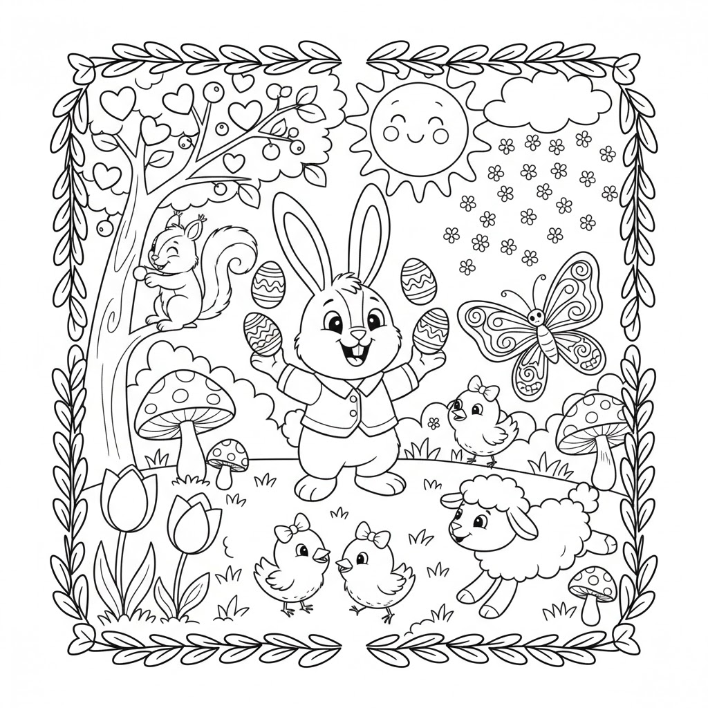 Cheerful bunny juggles eggs under a smiling sun. A squirrel, butterfly, chicks, and a lamb surround him, with tulips and mushrooms decorating the scene.