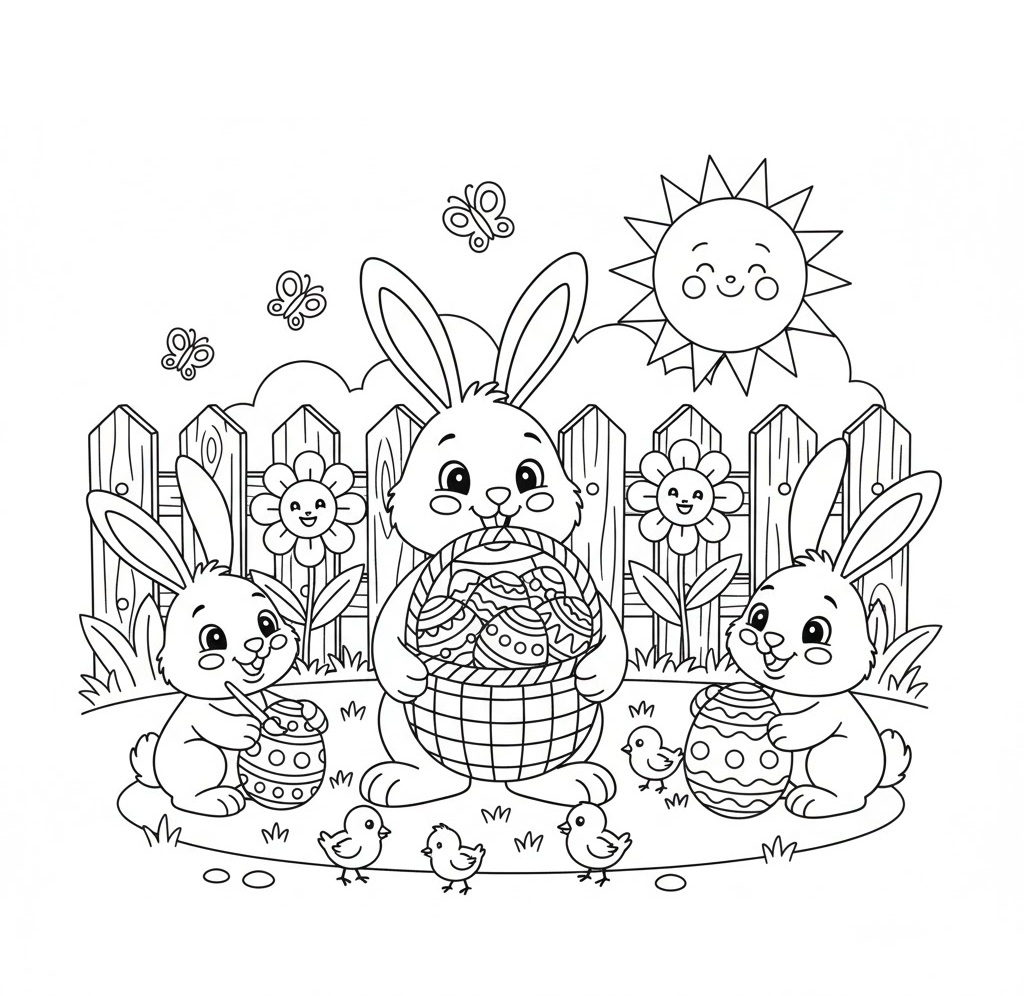 Three cheerful bunnies paint Easter eggs in a garden. A smiling sun shines overhead, while flowers and butterflies add a joyful touch.