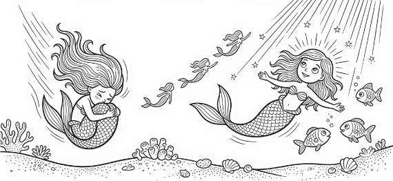 Two mermaids in an ocean scene; one is curled up sleeping, the other joyfully swimming with fish. Sunlight and sea life enhance the whimsical mood.