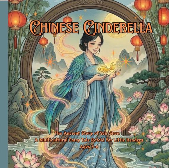 Cover of "Chinese Cinderella." A woman in blue robes holds a glowing golden fish. Lanterns, lotus flowers, and a serene landscape surround her. Enchanting and mystical tone.