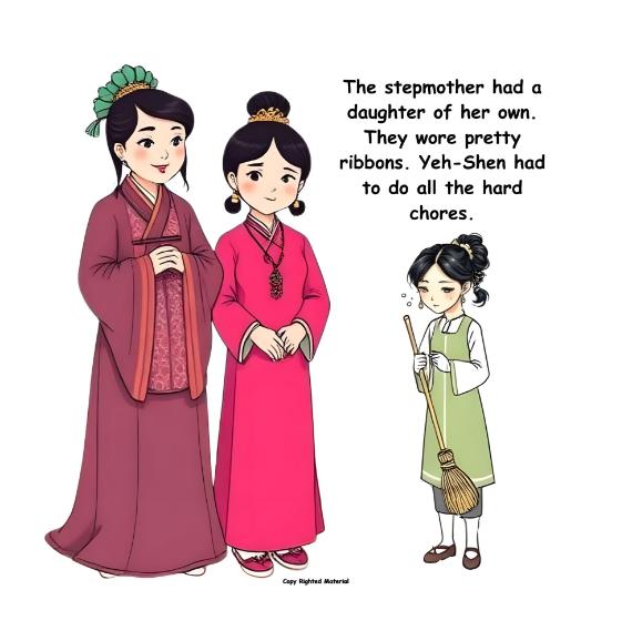 Illustration of two elegantly dressed women, one with a green hairpiece, and a young girl in simple clothing holding a broom, looking sad. Text beside them describes the girl's hard chores, suggesting a fairytale setting.