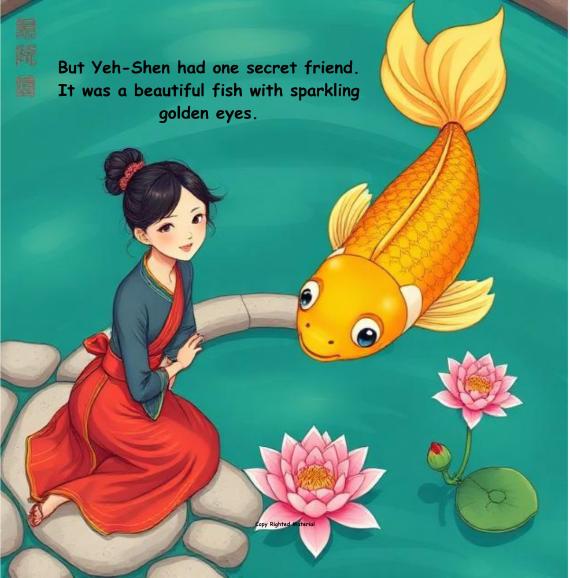 A girl in traditional attire sits by a pond, smiling at a large, golden fish with sparkling eyes. Lotus flowers float nearby. Text above reads, "But Yeh-Shen had one secret friend. It was a beautiful fish with sparkling golden eyes." The scene feels serene and magical.