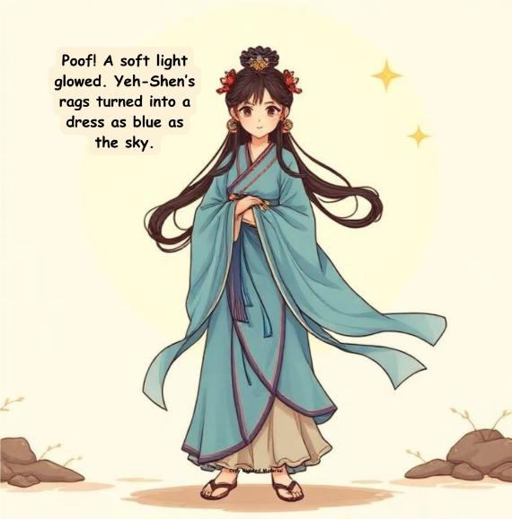 A young woman stands in a flowing blue dress with long hair adorned with flowers. Her expression is serene. Text reads, “A soft light glowed..."