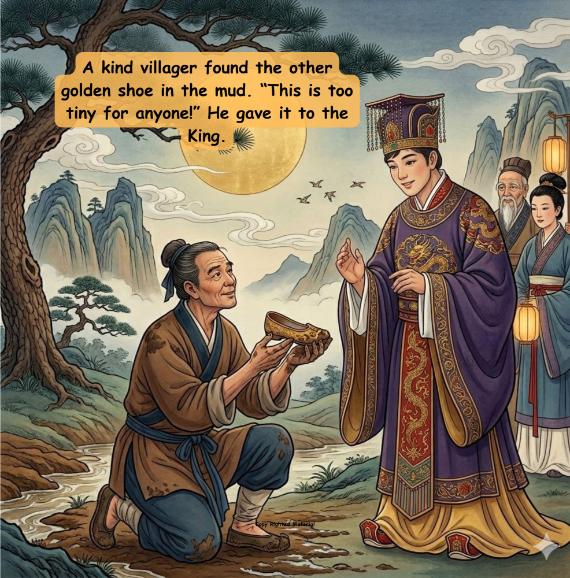 A wise villager kneels and presents a tiny golden shoe to a king in ornate robes. Lantern-lit trees and mountains create a serene, historical ambiance.