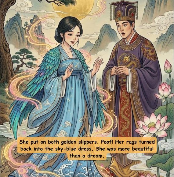 An elegant woman in a sky-blue robe with wing-like sleeves stands beside a man in traditional attire. The setting is dreamlike, with swirling clouds and lotus flowers. Text at the bottom reads, "She put on both golden slippers...She was more beautiful than a dream." The scene conveys a magical transformation.