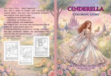 Cinderella Coloring Story Cinderella coloring book cover with a princess in an ornate gown surrounded by butterflies and flowers, featuring a magical castle backdrop.