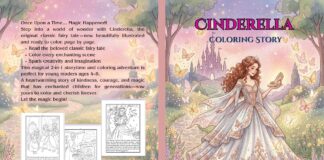 Cinderella Coloring Story Cinderella coloring book cover with a princess in an ornate gown surrounded by butterflies and flowers, featuring a magical castle backdrop.