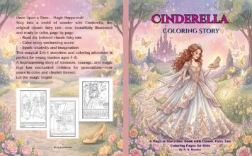Cinderella Coloring Story Cinderella coloring book cover with a princess in an ornate gown surrounded by butterflies and flowers, featuring a magical castle backdrop.
