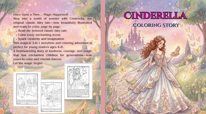 Cinderella Coloring Story Cinderella coloring book cover with a princess in an ornate gown surrounded by butterflies and flowers, featuring a magical castle backdrop.