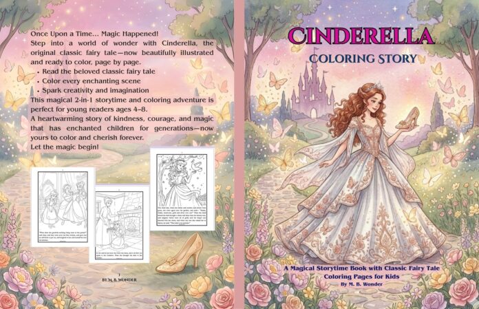 Cinderella coloring book cover with a princess in an ornate gown surrounded by butterflies and flowers, featuring a magical castle backdrop.