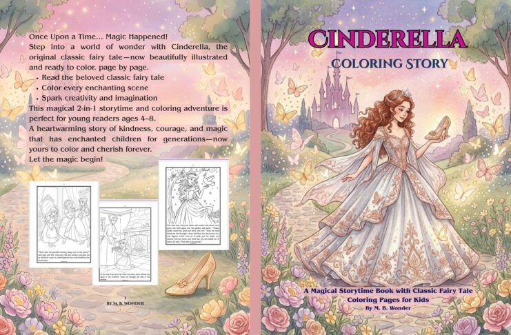 Cinderella coloring book cover with a princess in an ornate gown surrounded by butterflies and flowers, featuring a magical castle backdrop.