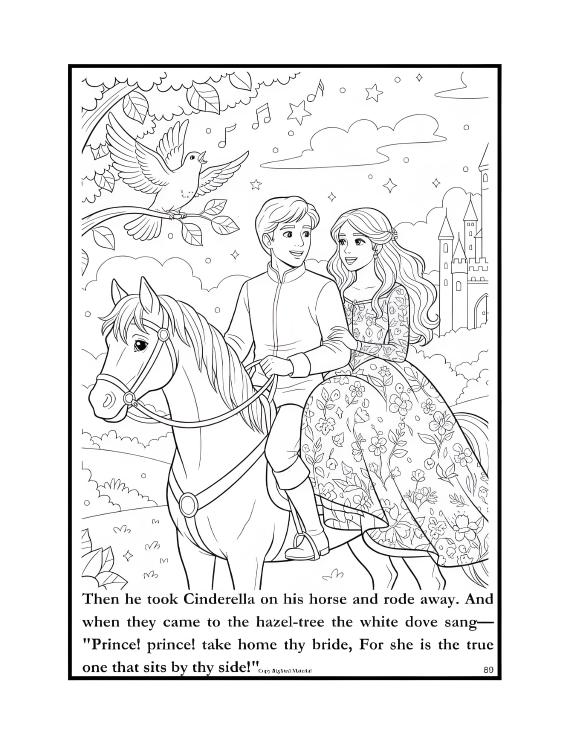 A prince and Cinderella ride happily on a horse through a whimsical landscape. A bird sings overhead near a castle, evoking joy and fairy tale magic.