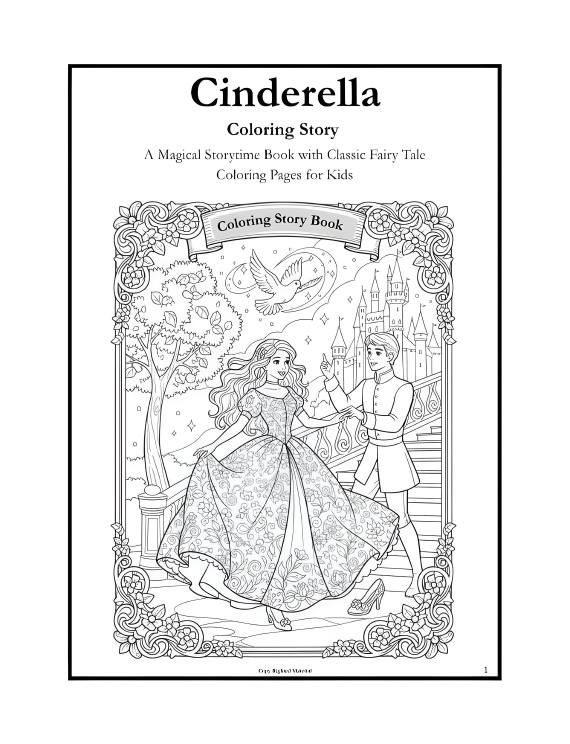 Cinderella coloring page featuring a detailed castle background. Cinderella, in a flowing gown, holds hands with a prince. An ornate frame surrounds the scene.