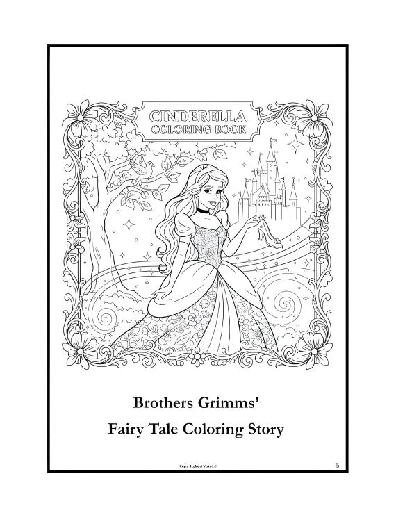 Coloring page of Cinderella in a flowing gown, framed by floral motifs, a tree, and a castle in the background, labeled "Cinderella Coloring Book."