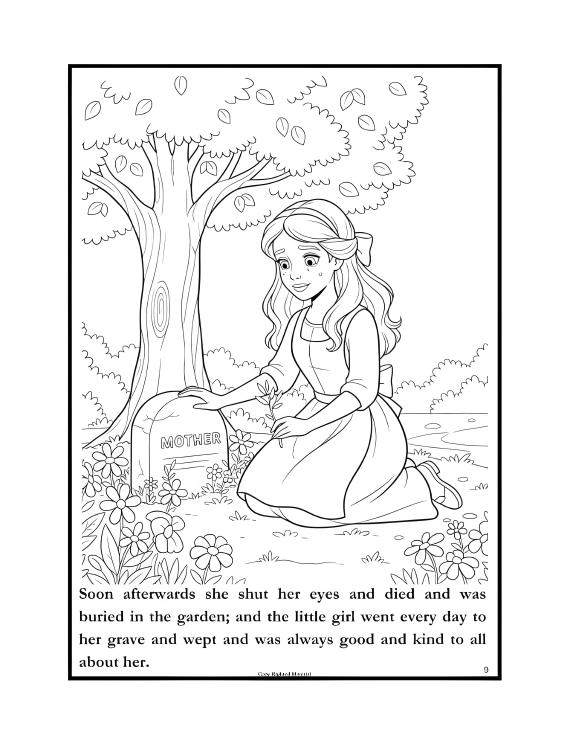 A young girl kneels by a tombstone labeled "Mother" in a garden, surrounded by trees and flowers. The scene conveys sadness and remembrance.