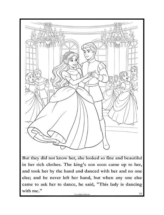 A princess and a prince dance gracefully in a grand ballroom with chandeliers. Other couples dance in the background. Text describes a magical moment.