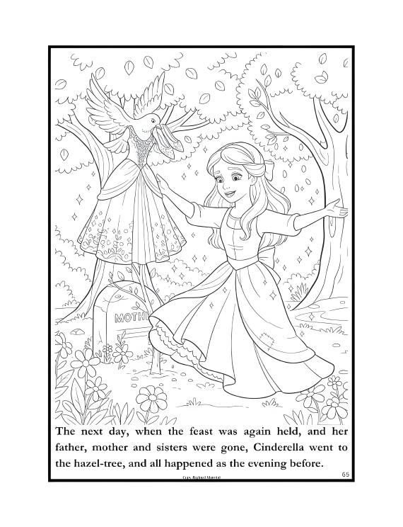 A young woman joyfully dances near a tree in a forest. A bird carries a dress in its beak. Flowers and a stone marked "MOTHER" are nearby.