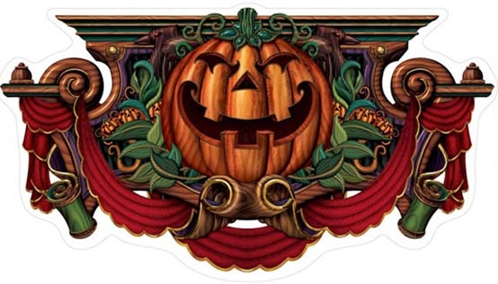 Ornate, whimsical Halloween design with a smiling jack-o'-lantern at the center, surrounded by green leaves, red drapery, and intricate scroll accents.