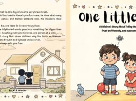 Cover of a children's book titled "One Little Lie." Illustrations of a house, two kids, and playful icons convey themes of honesty and growth.