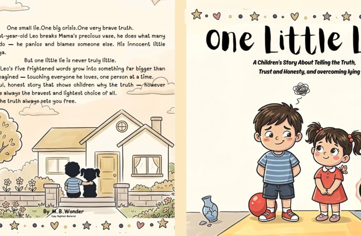 Cover of a children's book titled "One Little Lie." Illustrations of a house, two kids, and playful icons convey themes of honesty and growth.