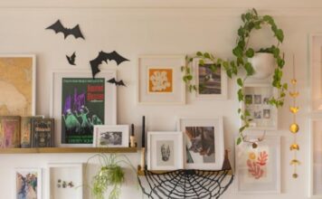 DIY & Outdoor Halloween Curb Appeal Guide A cozy wall display features framed art, a shelf with books, and a hanging plant. Black paper bats and a web add a playful, Halloween touch.
