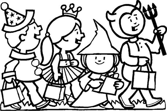 Four children in Halloween costumes walk happily, holding treats. One wears a clown hat, another a crown, a third a witch hat, and the last has devil horns.